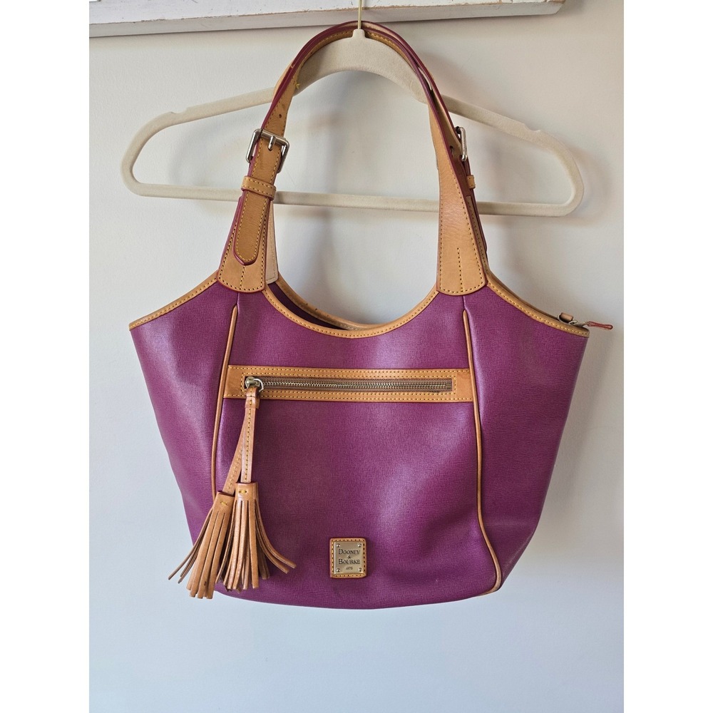 Dooney & Bourke Purple Coated Canvas Leather Trim Tassel Hobo Shoulder Bag